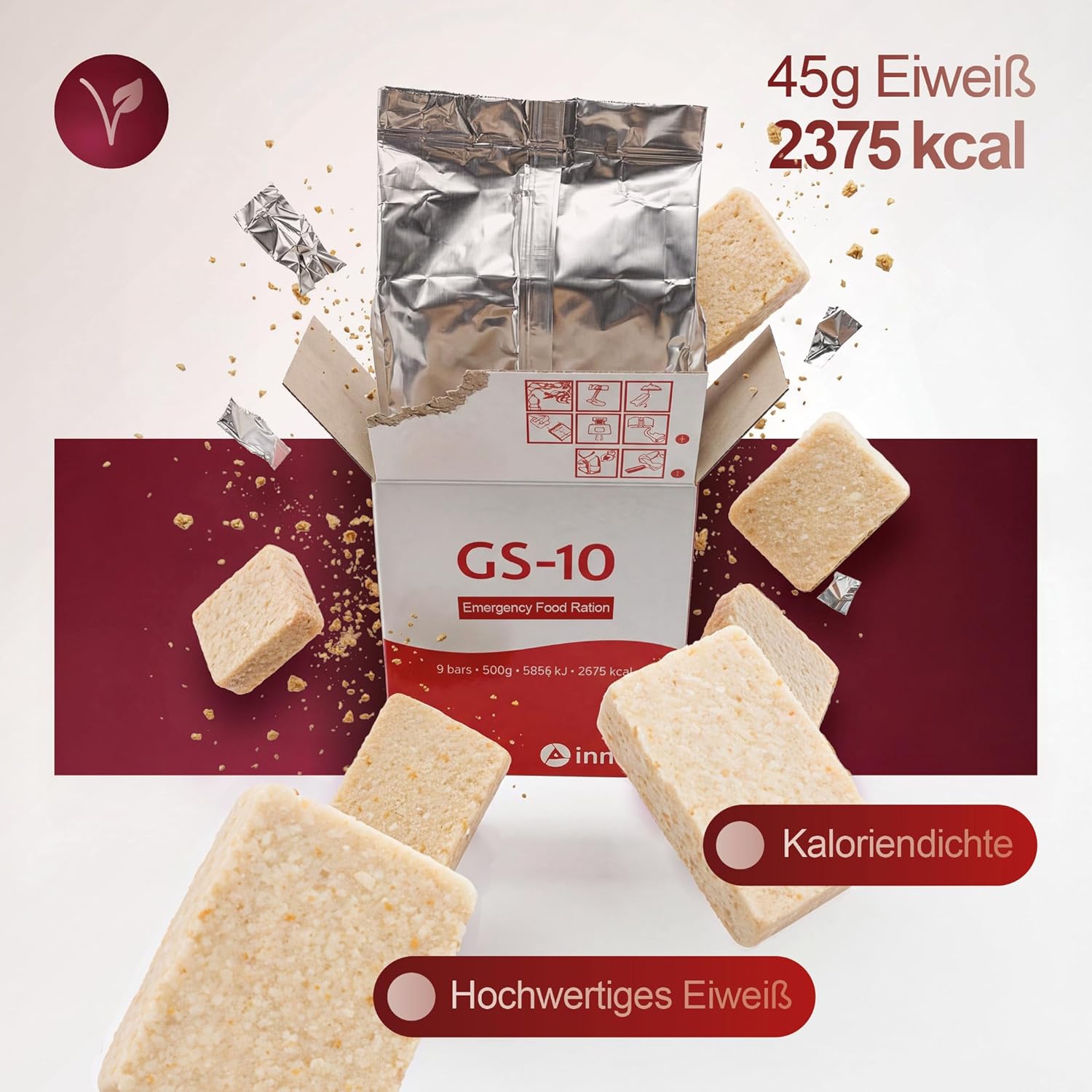 GS-10 Riegel mit Angaben zu Eiweiß und Energiegehalt